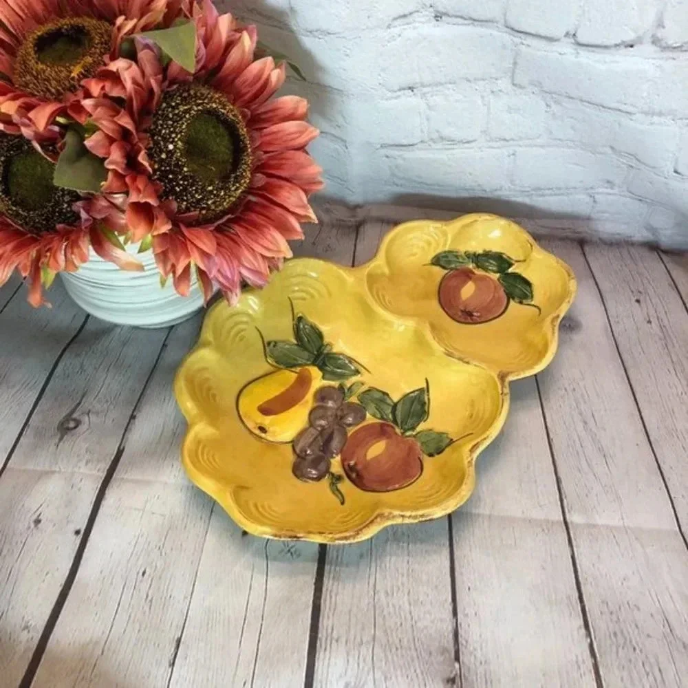 vtg maurice Pottery of california divided dish painted fruit cottage farmhouse